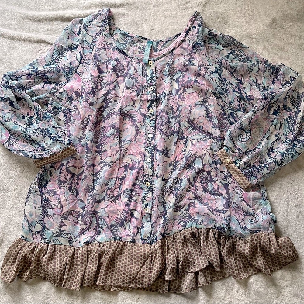 Source Unknown Pastel Floral Button-Front Tunic with Ruffle Hem